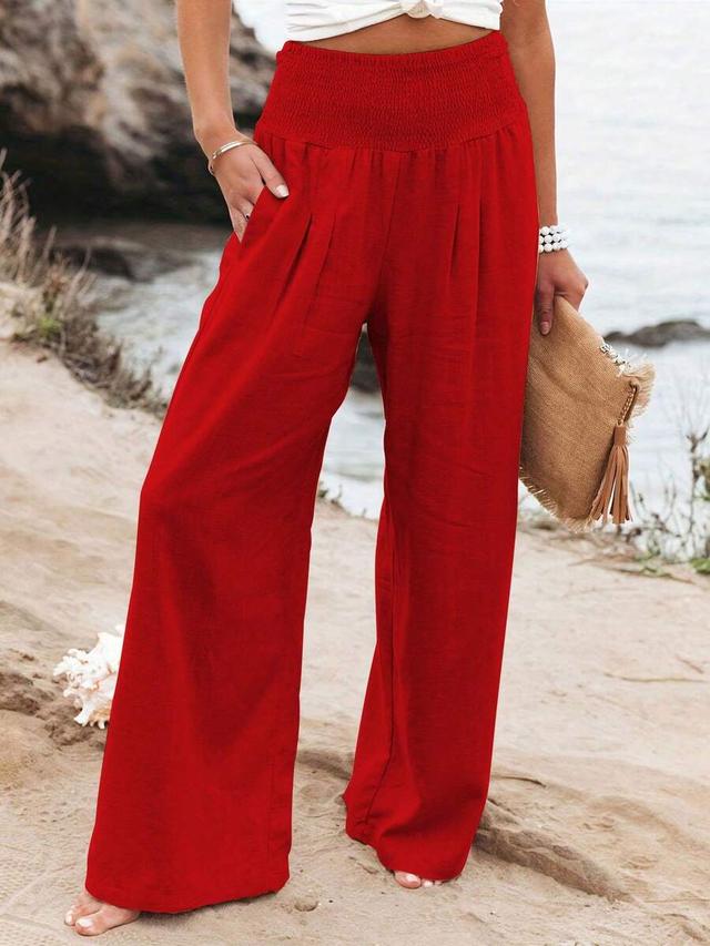 red high waist smocked wide leg casual pants