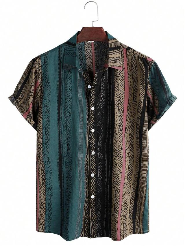 men's asymmetrical striped pattern casual short sleeve shirt