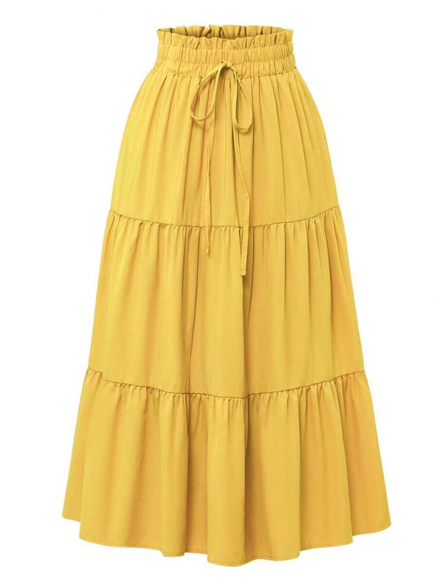 yellow pleated elastic waist vacation midi skirt