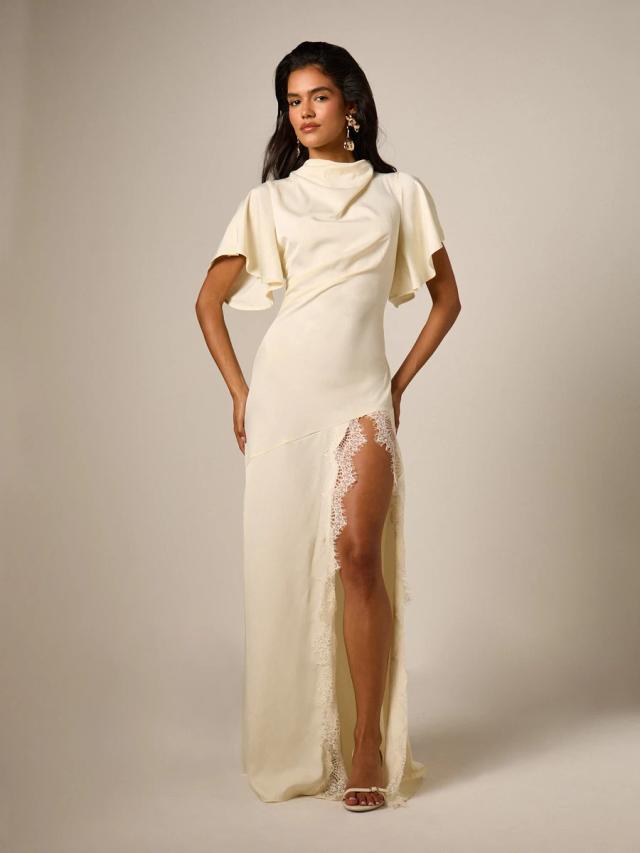elegant satin maxi dress with flutter sleeves and lace trim