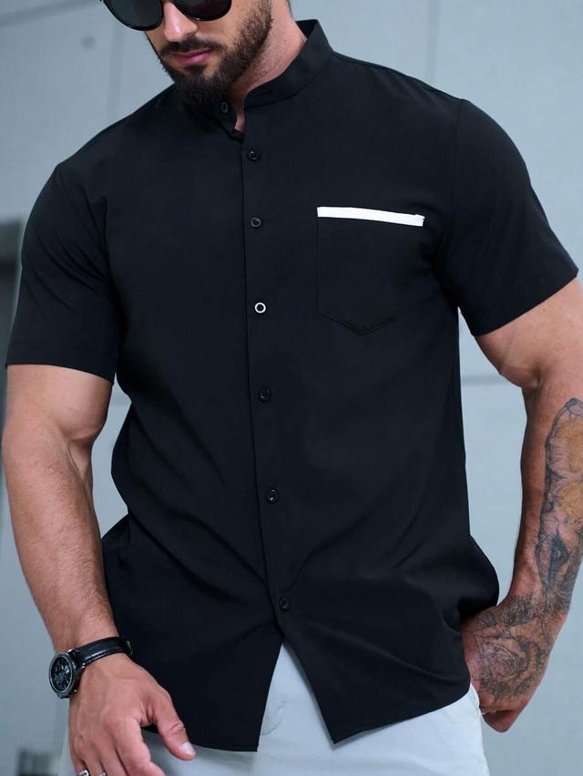 black short sleeve button up shirt with contrast trim