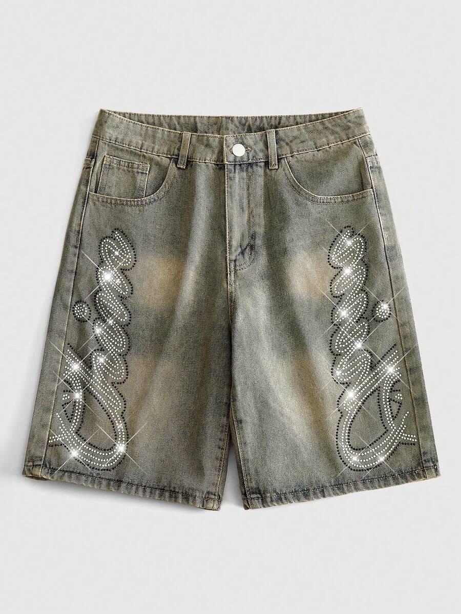 rhinestone letter pattern casual denim shorts