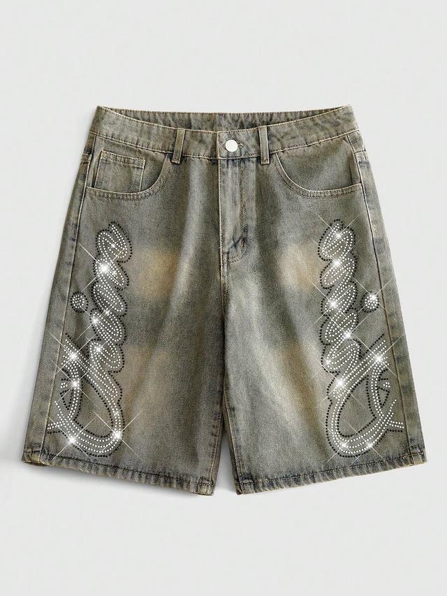 rhinestone letter pattern casual denim shorts