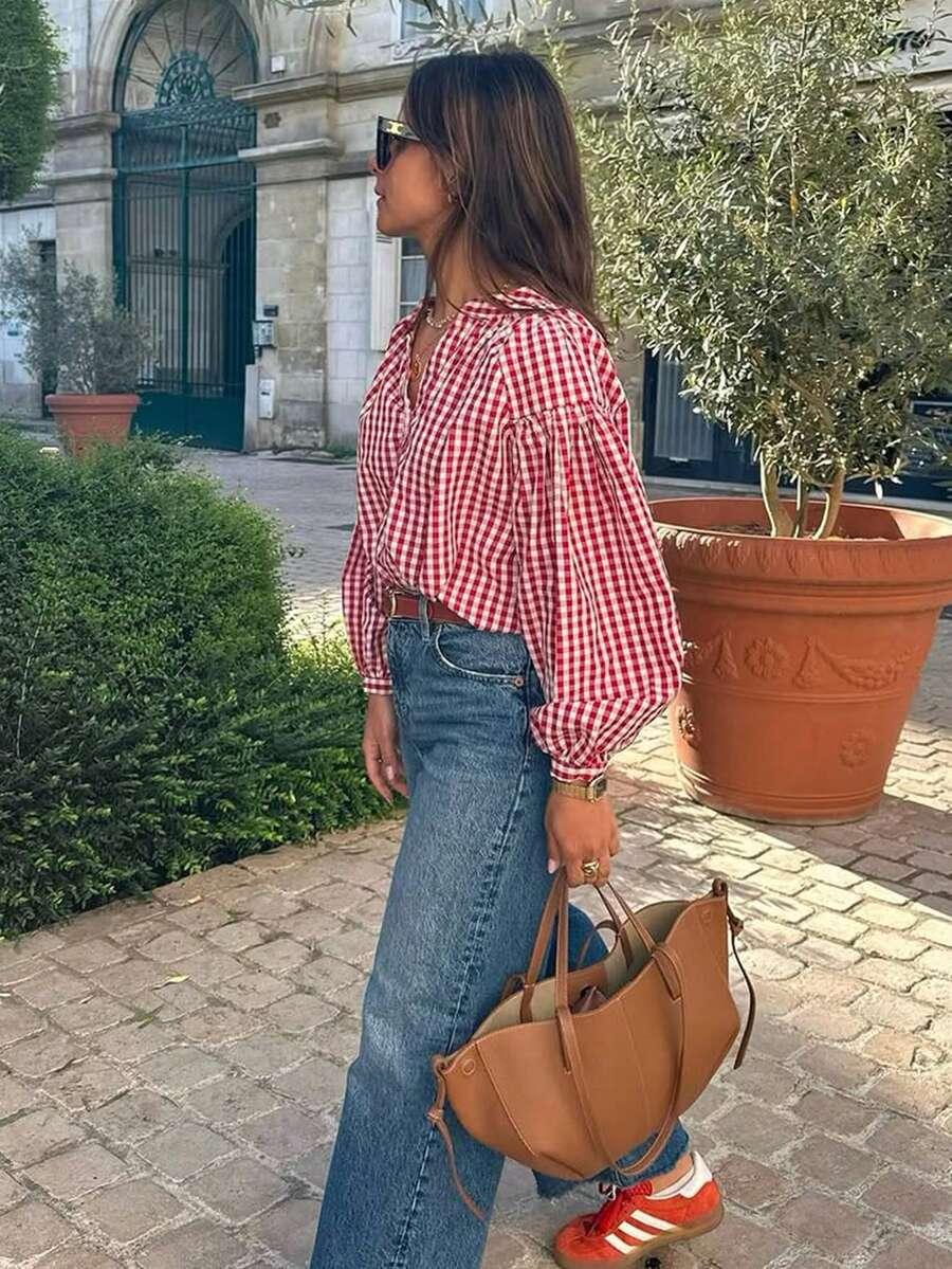 women's casual red gingham v-neck long sleeve blouse