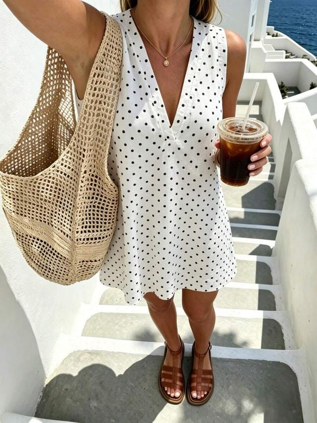 white polka dot print sleeveless v-neck shift dress