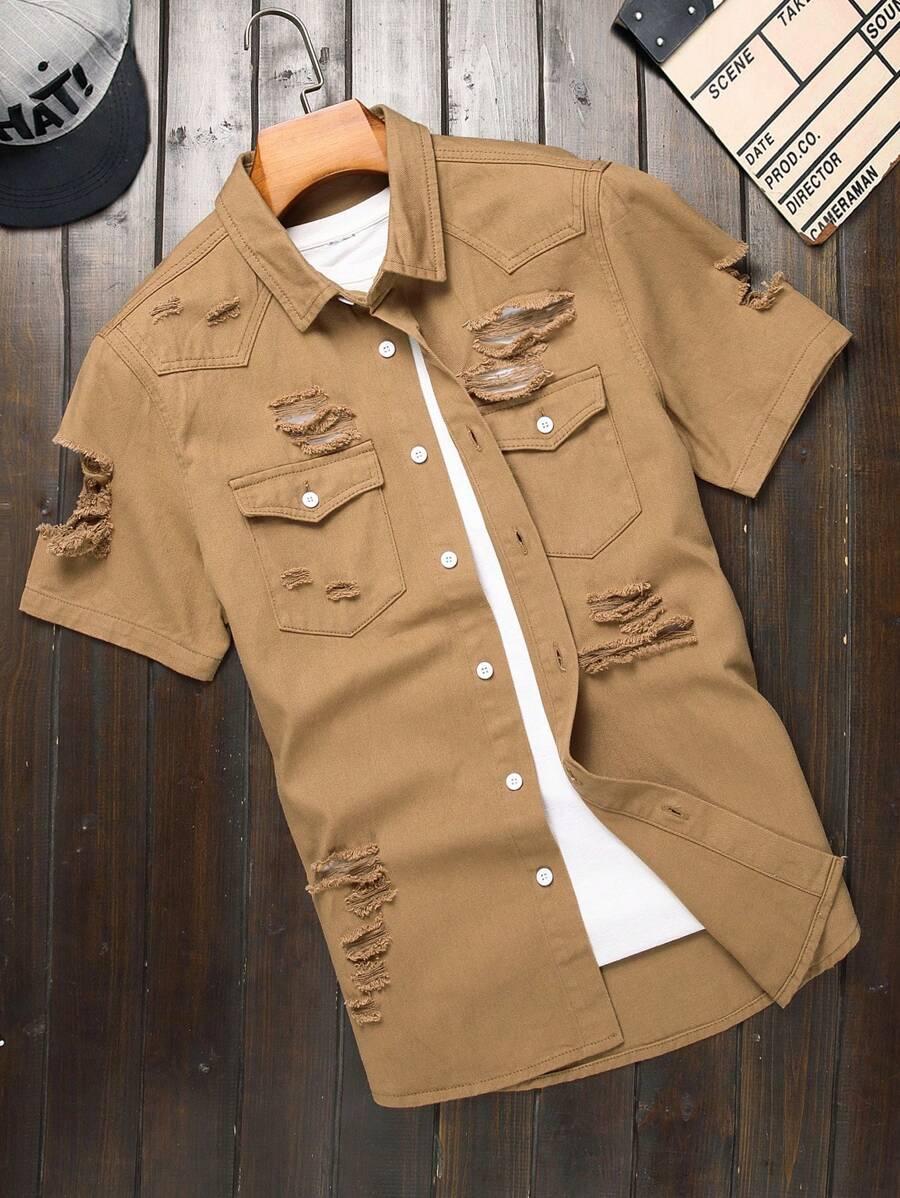 quarkem men's short sleeve ripped denim shirt