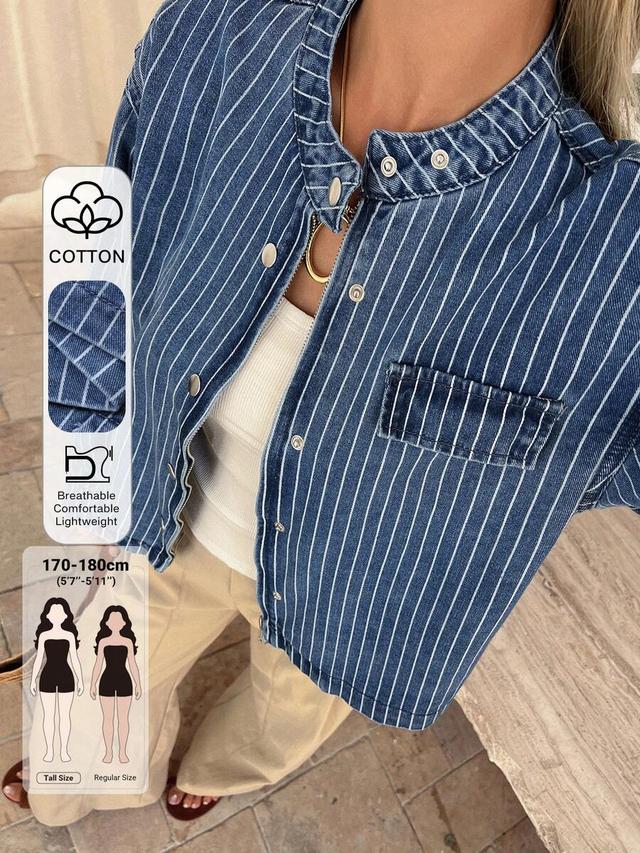 striped denim button-up jacket with mandarin collar