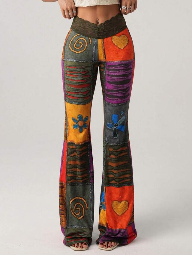 boho retro color block print flare pants