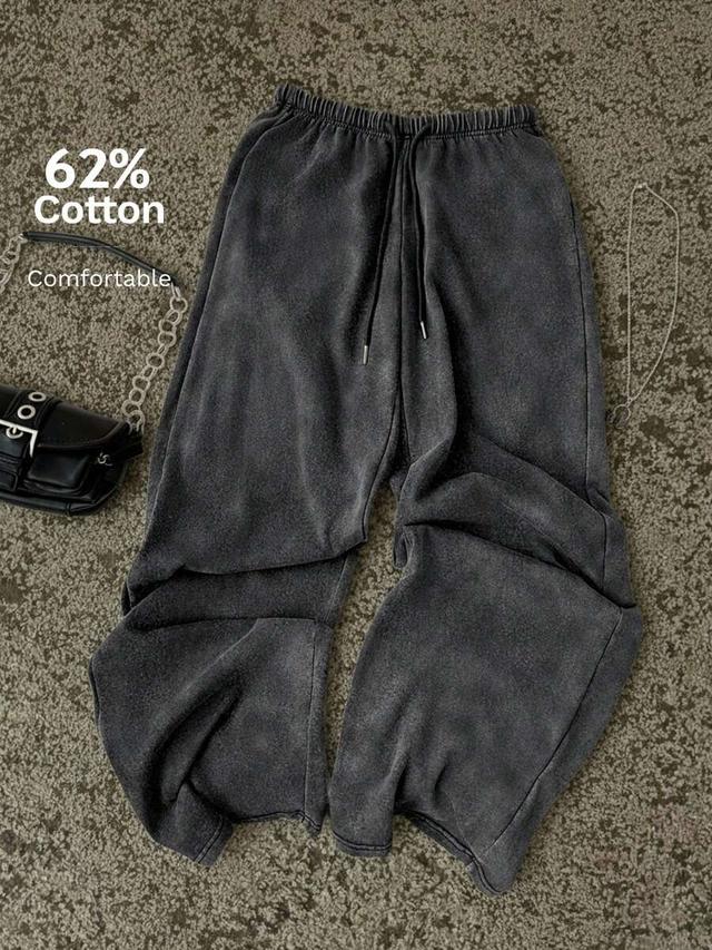 washed vintage gray cotton drawstring wide leg sweatpants