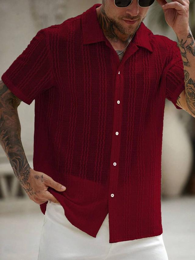 burgundy textured jacquard short-sleeved casual shirt