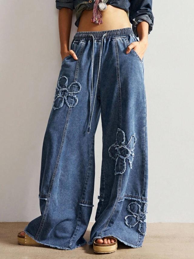 dark blue wide leg baggy jeans with floral applique