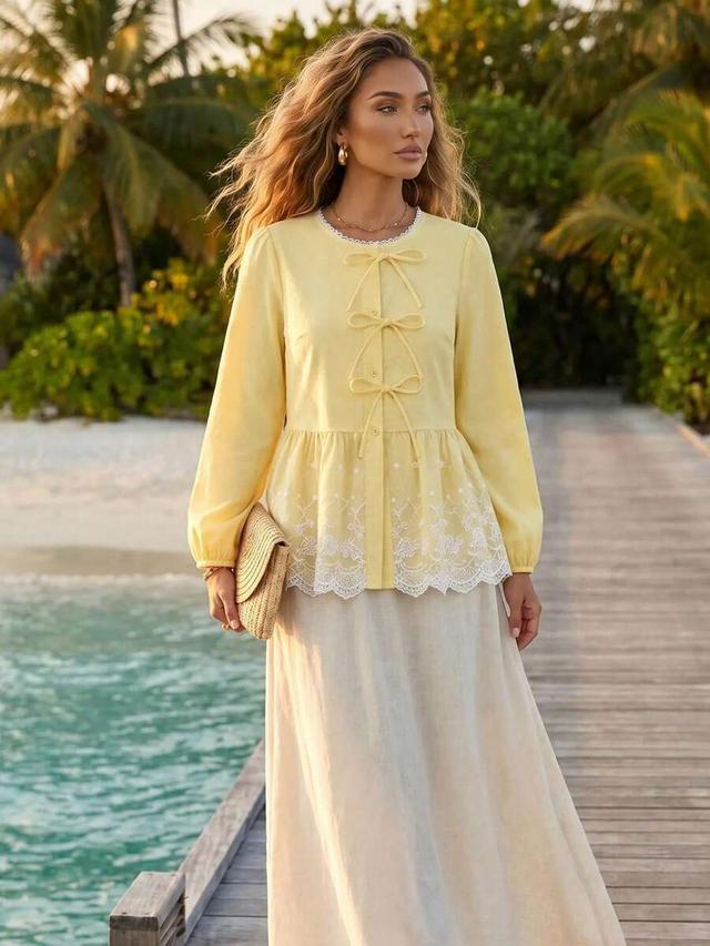 yellow embroidered patchwork bow front blouse