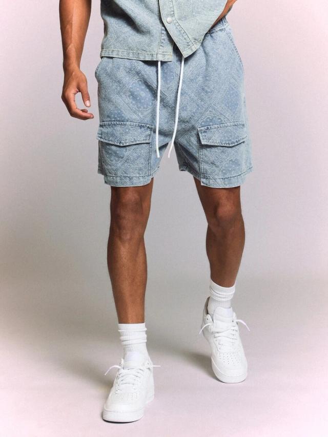 paisley bandana print denim cargo shorts with drawstring