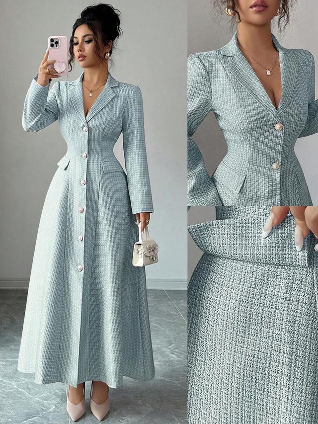 light blue textured lapel open front a-line dress
