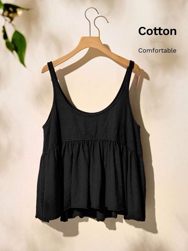 black cotton knit cami top with gathered peplum