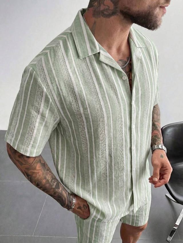 men's linen-feel white striped short sleeve shirt top