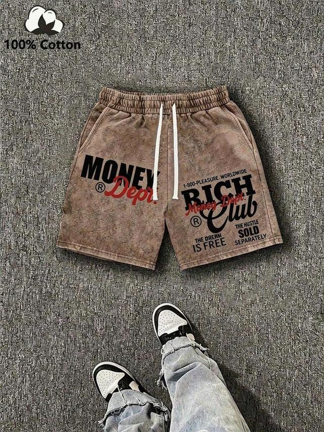 brown distressed washed cotton drawstring shorts with graphic print
