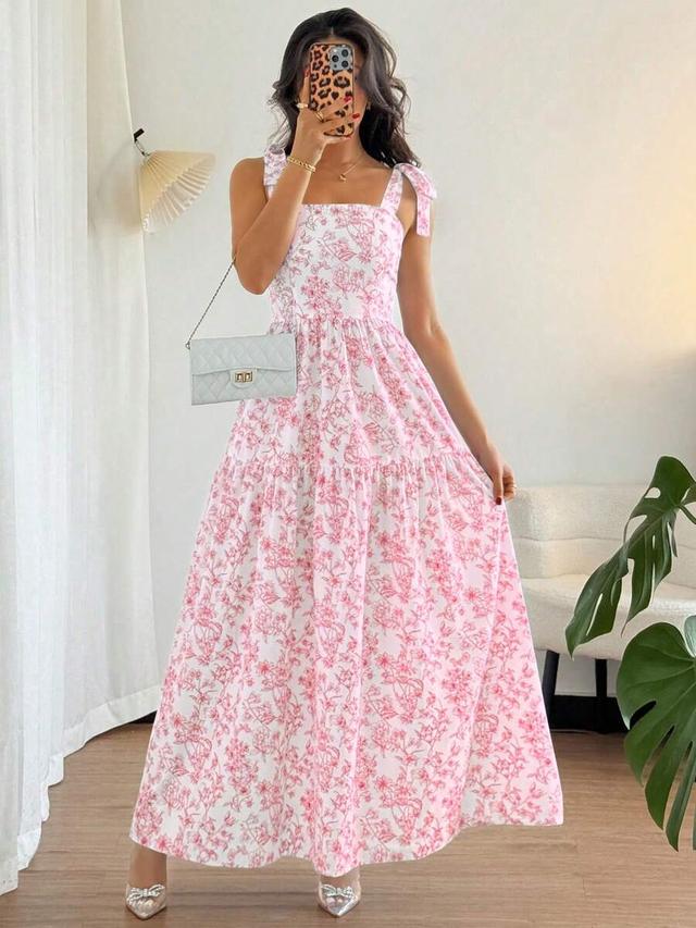 pink floral print cotton midi dress with tie straps