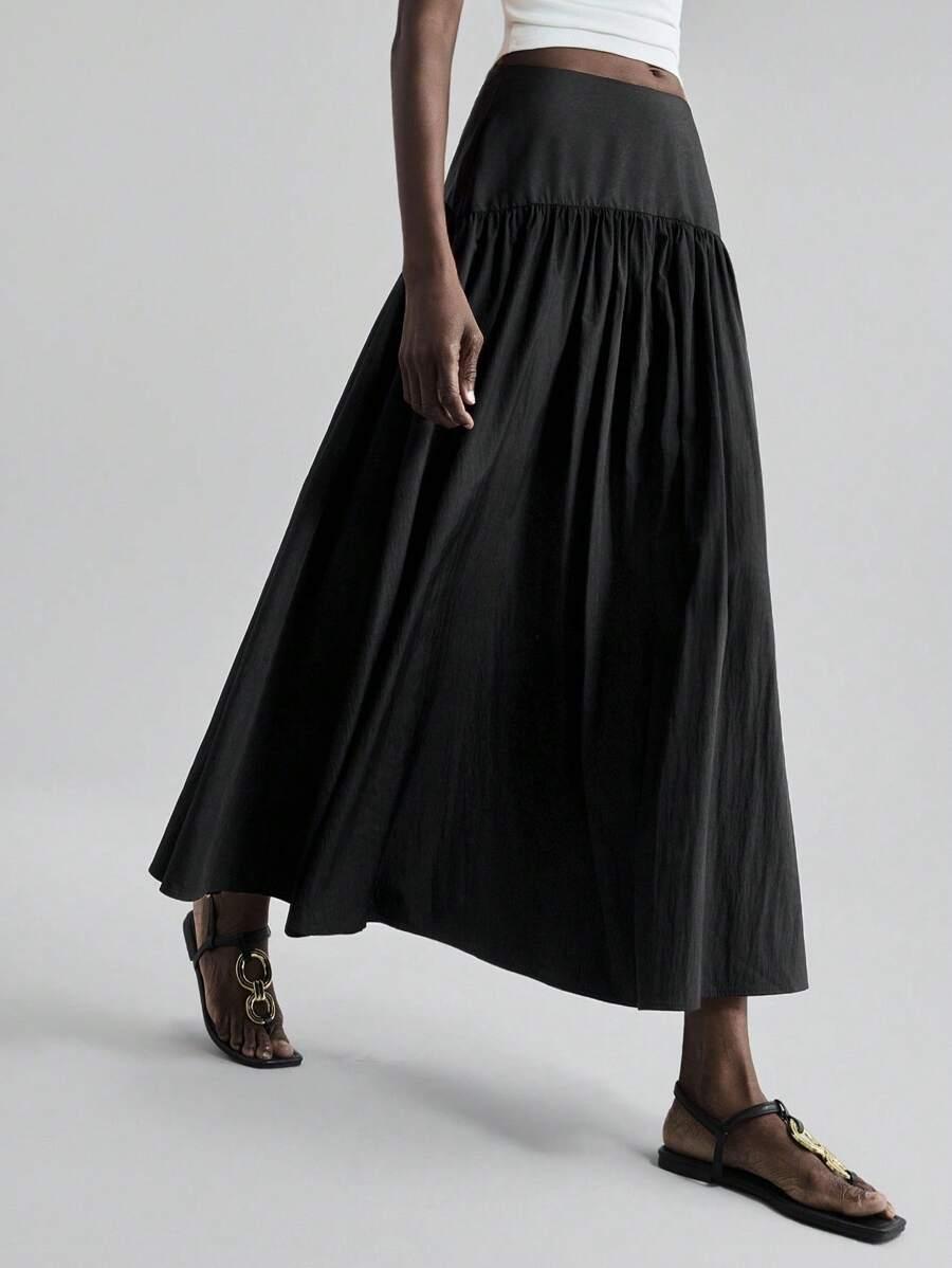 black high waist pleated long skirt