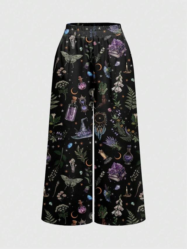 gothic forest magic print wide leg trousers