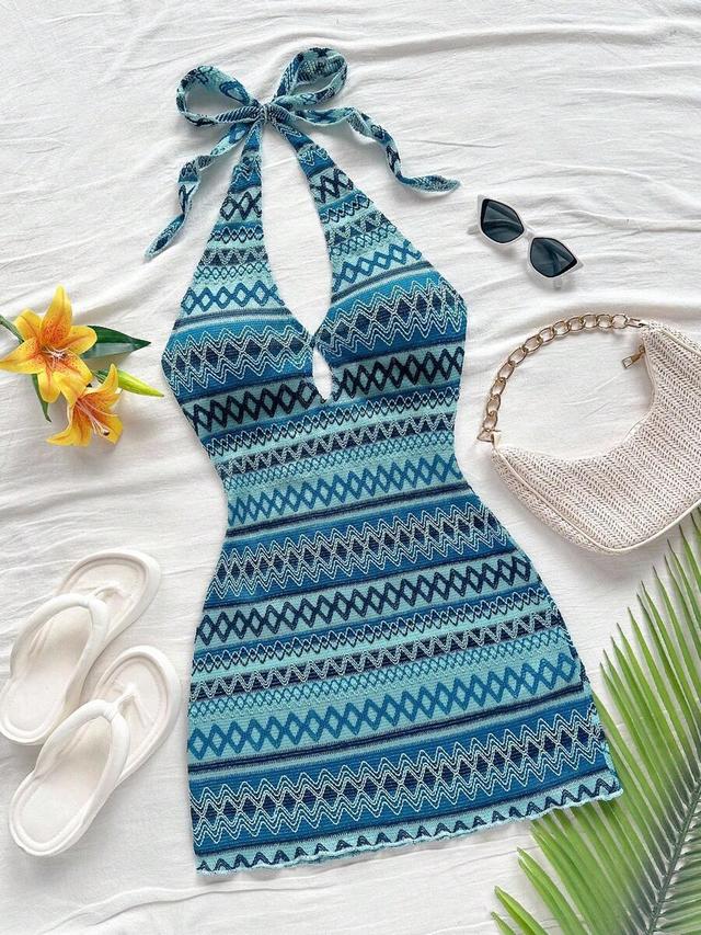 blue and purple bohemian striped halter mini dress