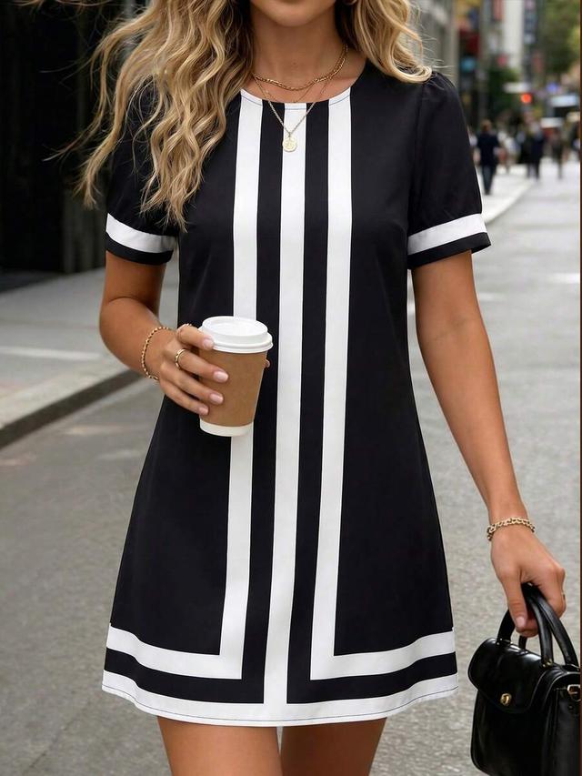 black and white striped puff sleeve a-line dress