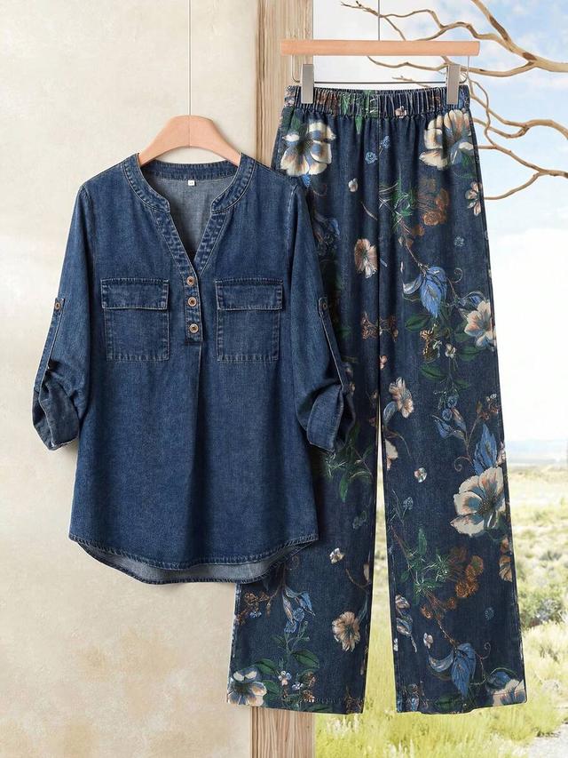 floral print v-neck shirt and floral wide leg pants set