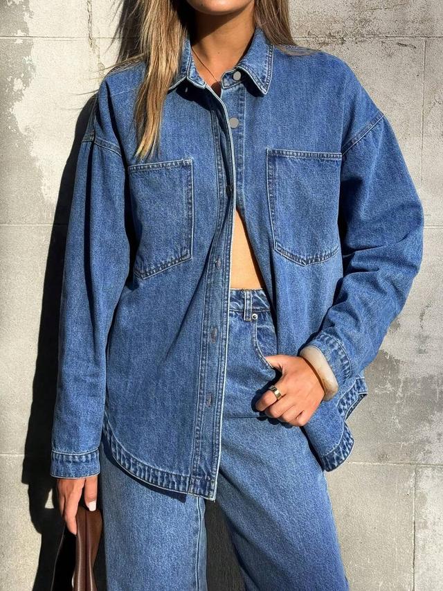 oversized blue denim button-up shirt jacket