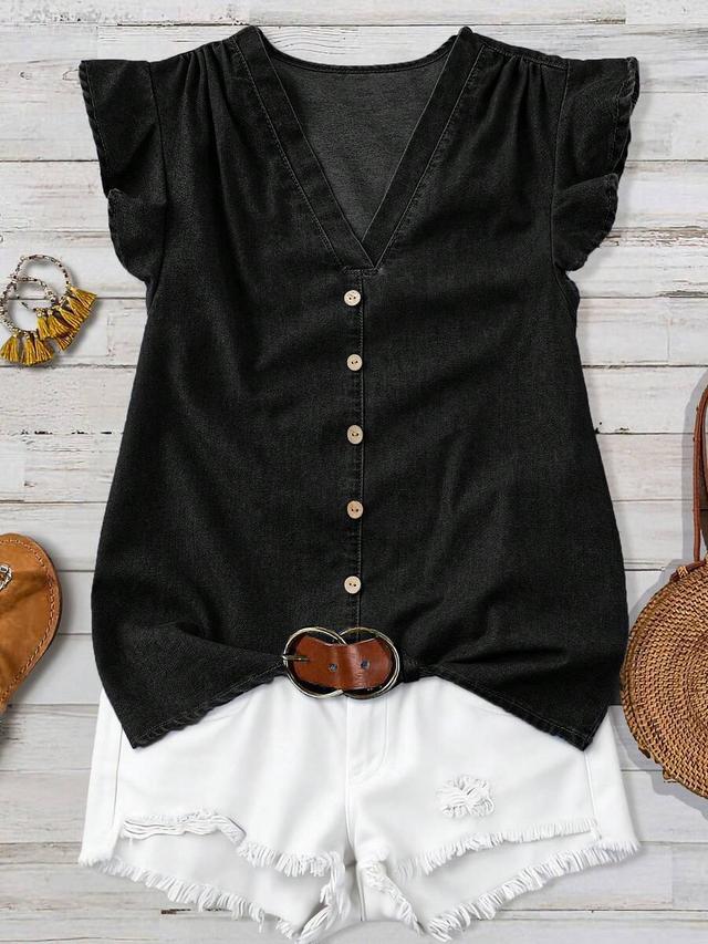 black denim v-neck button-front flutter sleeve top