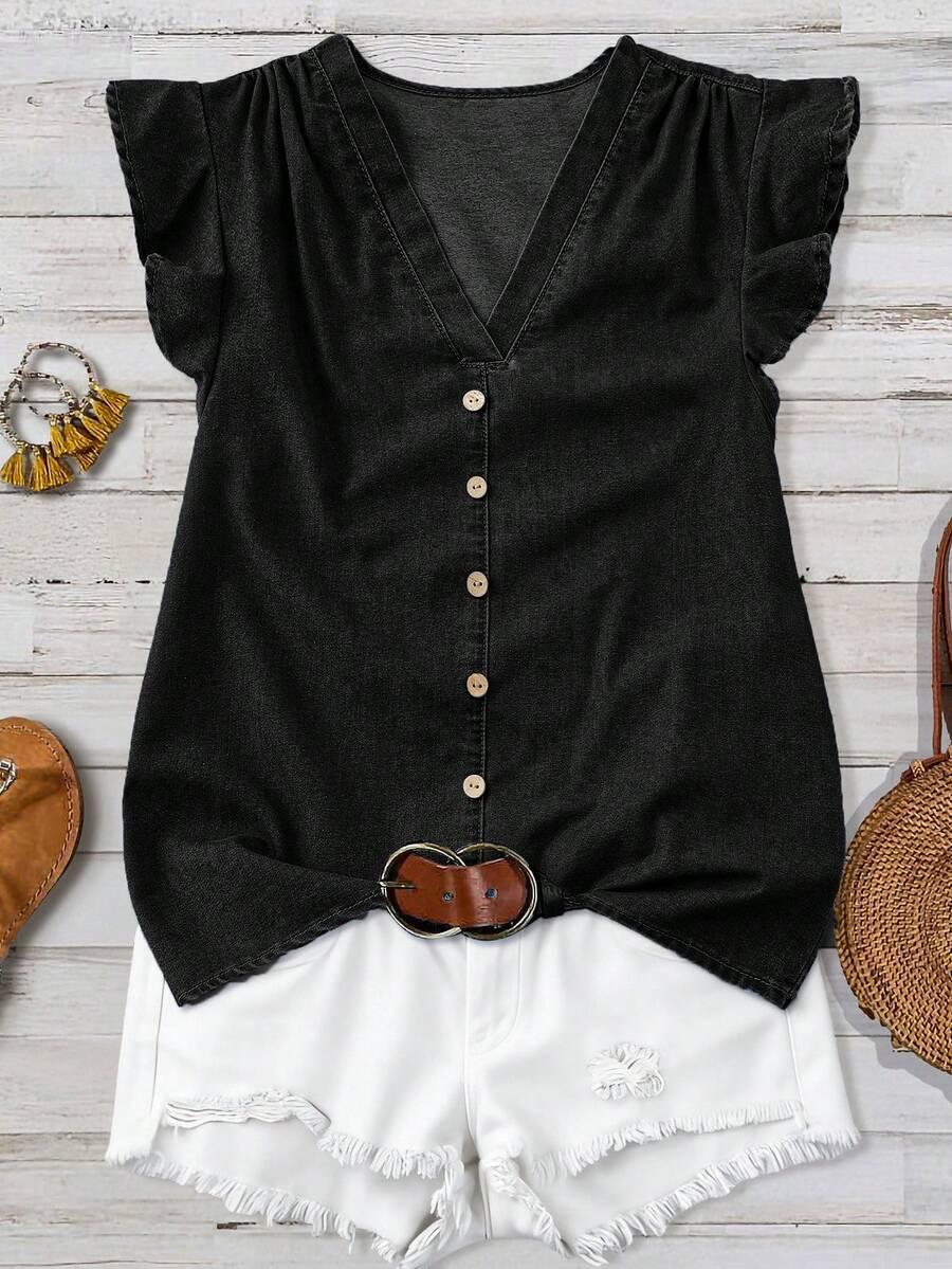 black denim v-neck button-front flutter sleeve top