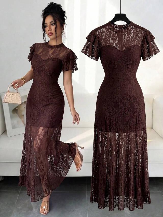 coffee brown lace patchwork ruffle sleeve a-line dress