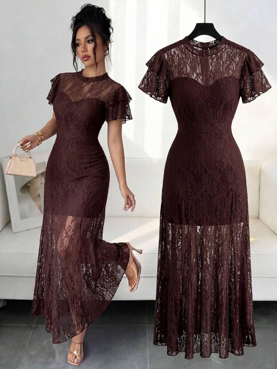 coffee brown lace patchwork ruffle sleeve a-line dress