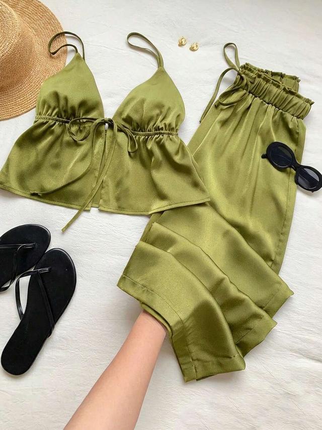 olive green satin camisole top with tie front
