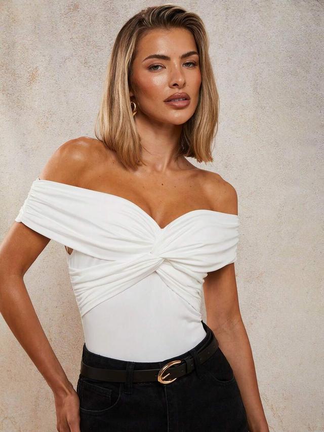 white off-shoulder twisted front jersey bodysuit