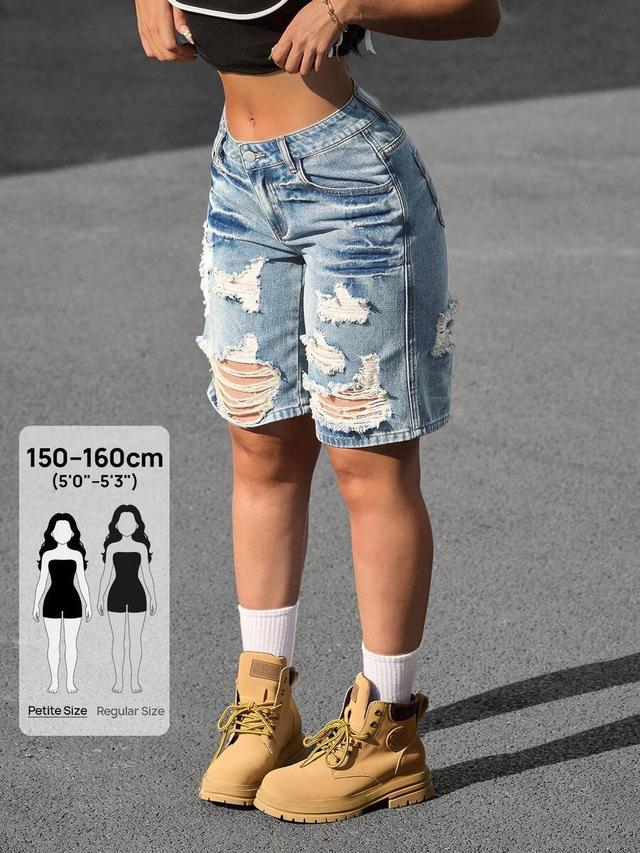 distressed light wash denim bermuda shorts