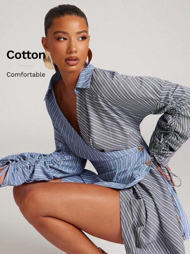 two tone striped long sleeve collared button up dress