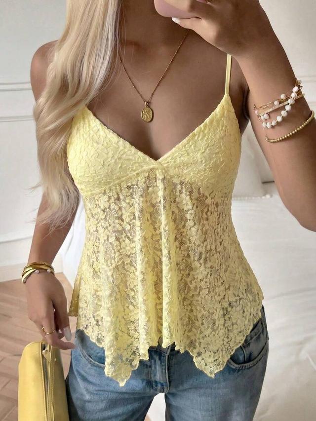 yellow floral lace cami top with irregular hem
