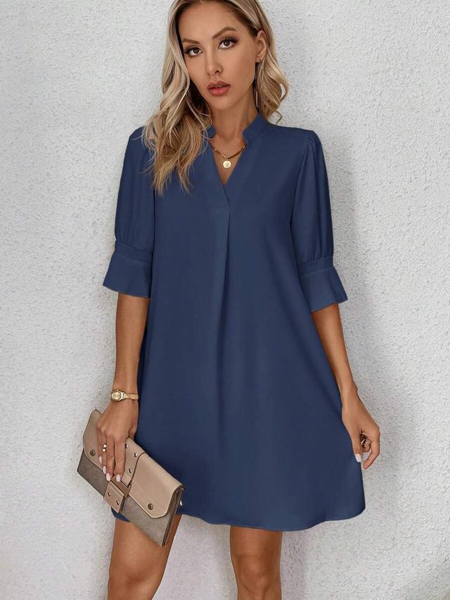 solid navy blue v-neck short casual dress