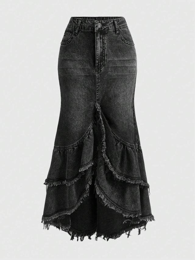 vintage y2k distressed washed denim ruffle hem maxi skirt