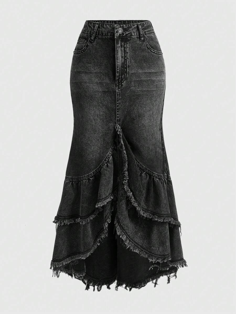 vintage y2k distressed washed denim ruffle hem maxi skirt