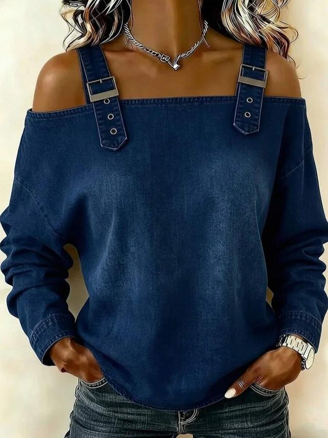 denim long-sleeve top with buckle strap detail