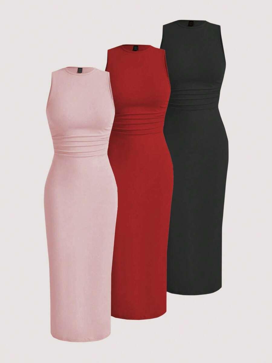 black sleeveless round neck ruched waist bodycon midi dress