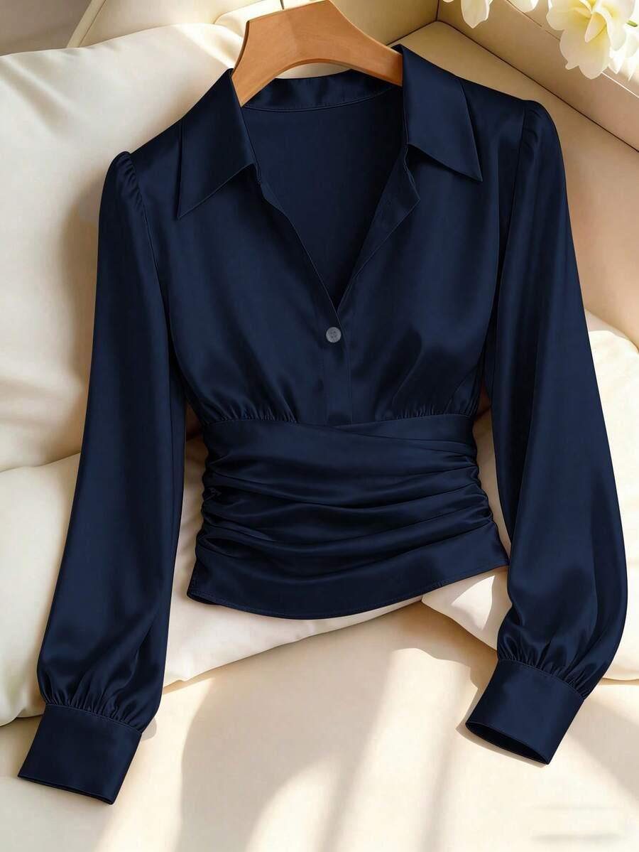navy blue pleated button front long sleeve blouse
