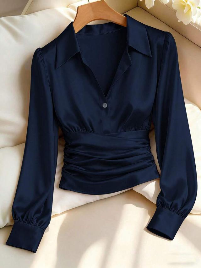 navy blue pleated button front long sleeve blouse