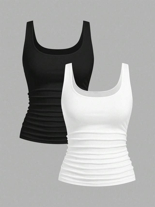 black casual scoop neck ruched waist fitted tank top