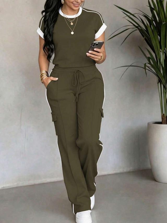 women's olive green drawstring cargo trousers with side stripes