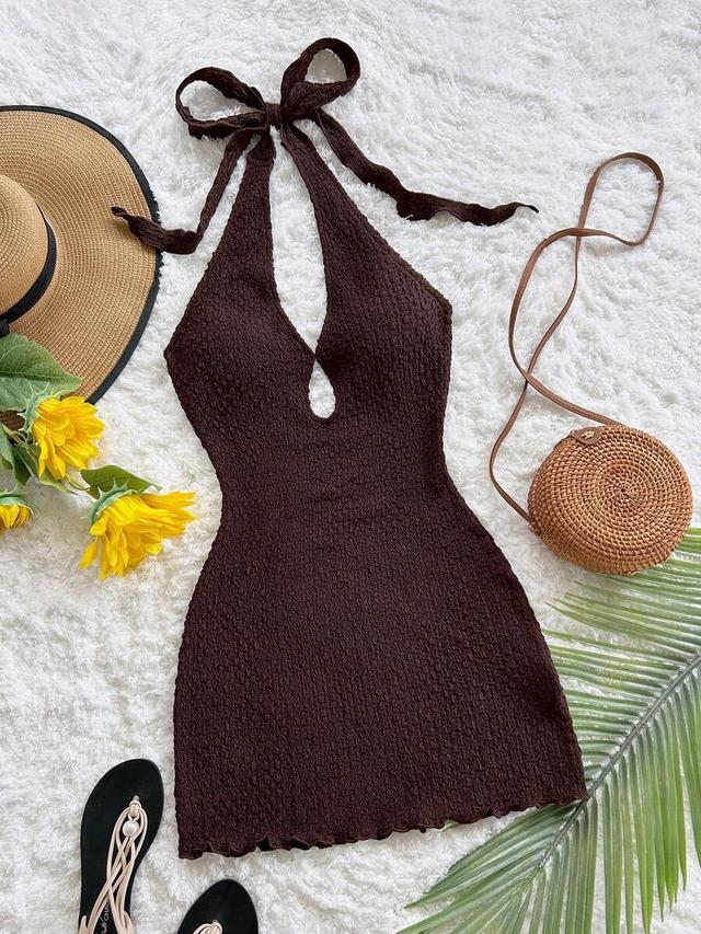 brown textured knit halter mini dress
