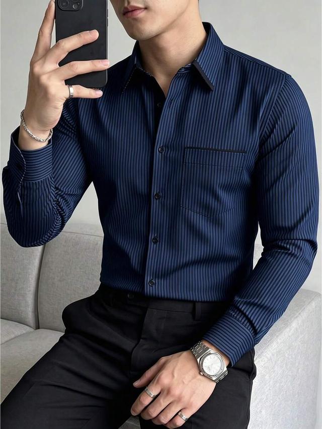 navy blue striped business casual long sleeve shirt
