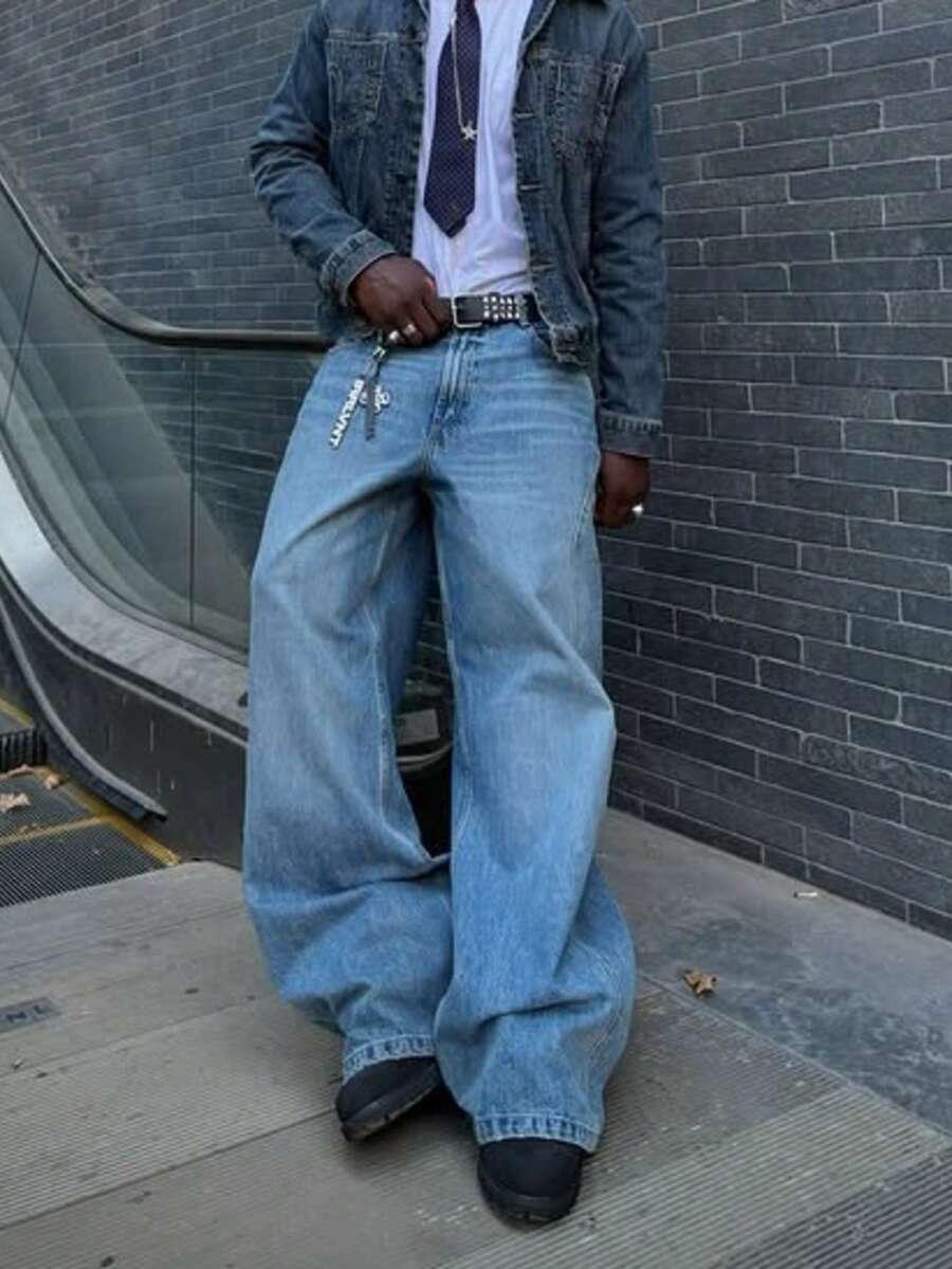 men's light blue washed vintage loose straight leg jeans