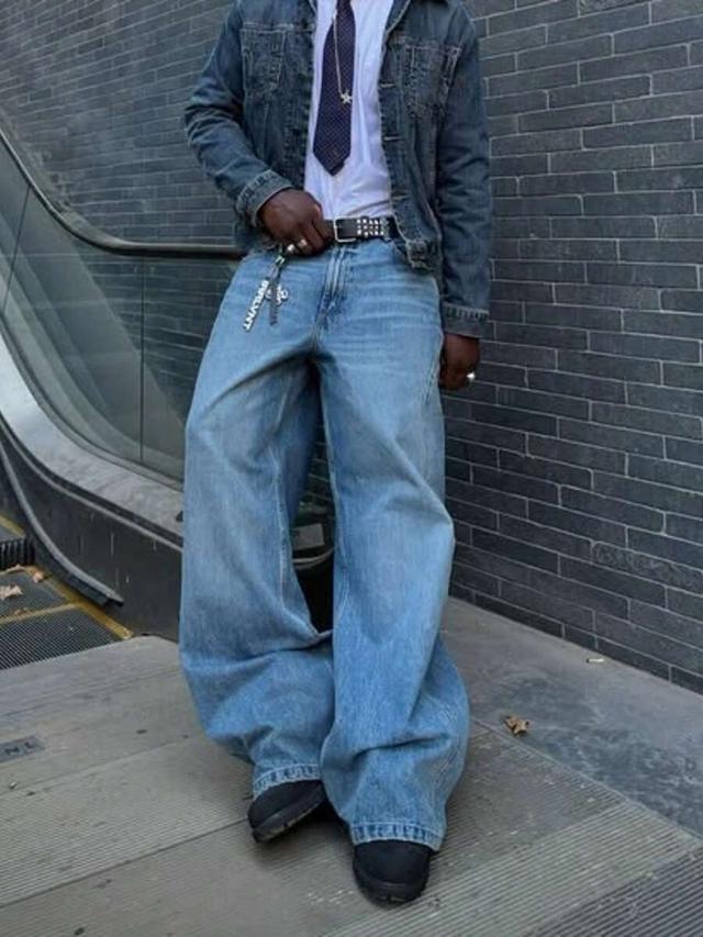 men's light blue washed vintage loose straight leg jeans